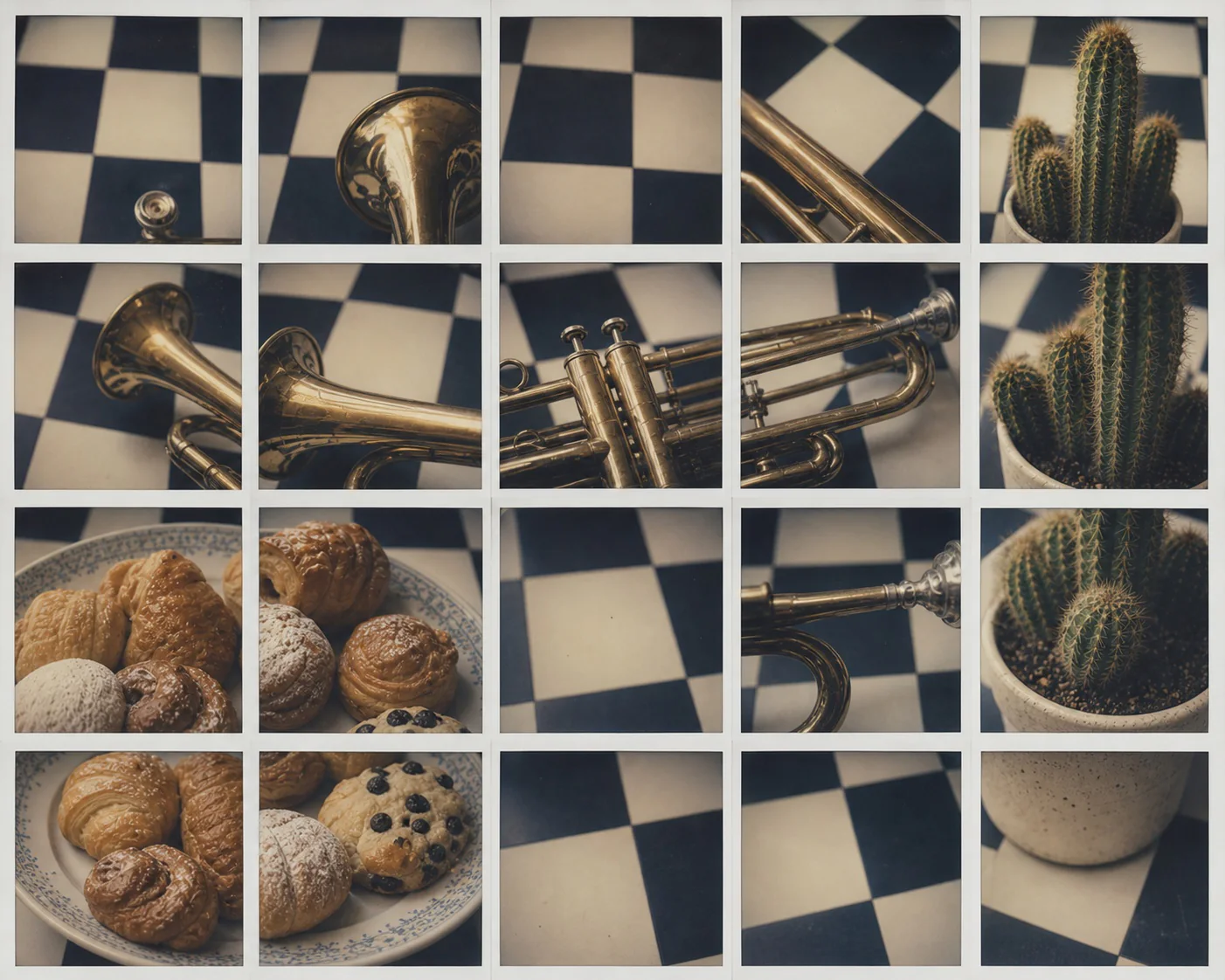 A brass trumpet, cactus, pastries, and checkerboard floor reconstructed in a precise five by four white-bordered instant-film grid.