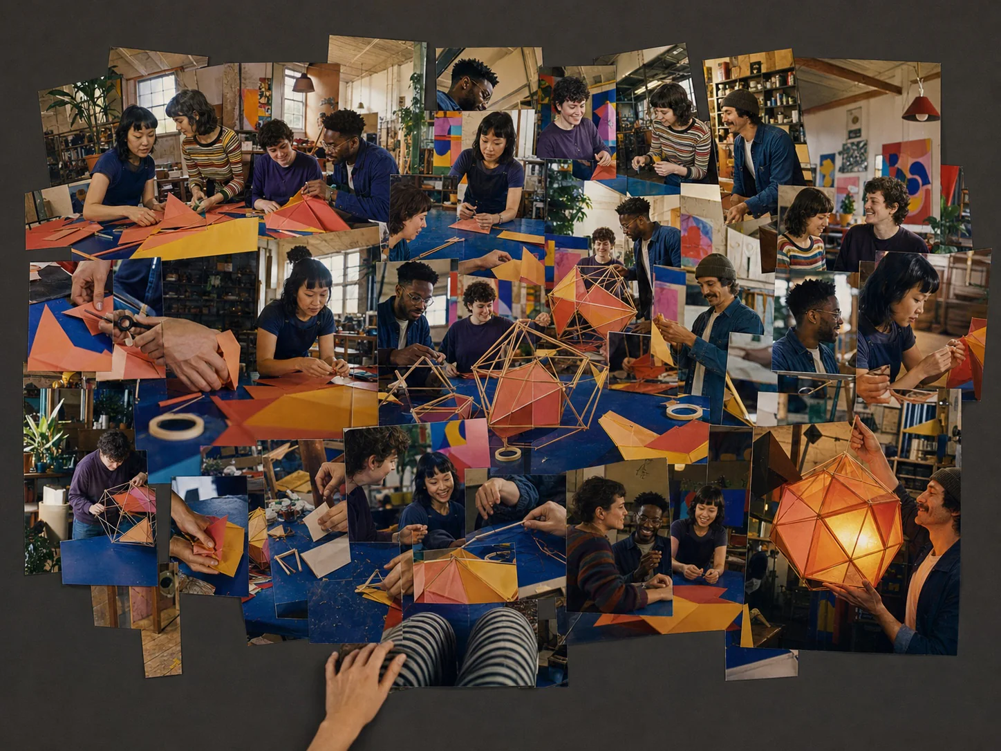 Five friends build a geometric paper lantern through many overlapping moments, from loose paper to a glowing finished object, with participant knees at the lower edge.